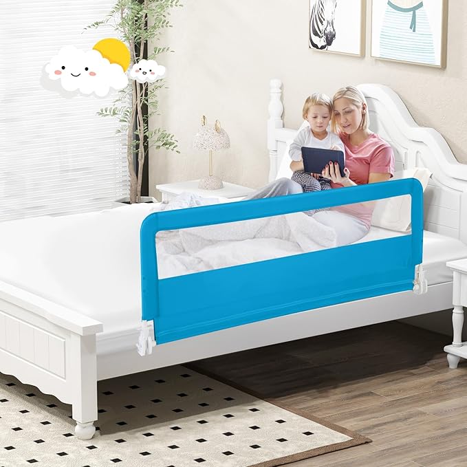 BABY JOY Bed Rails for Toddlers, 59'' Extra Long, Swing Down Bed Guard w/Safety Straps, Folding Baby Bedrail for Kids Twin, Double, Full Size Queen & King Mattress (Blue, 59-Inch)-CubbioJoy