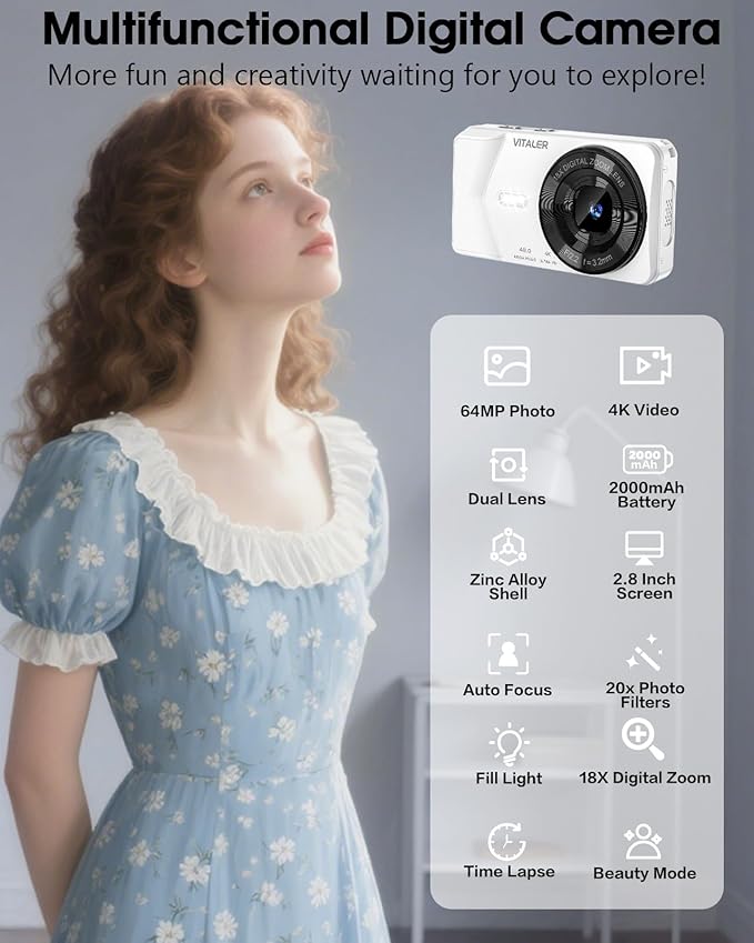 Digital Camera, Autofocus 48MP 4K Camera for Photography with 32GB Card, Portable Compact Point and Shoot Digital Camera for Teens Adult Beginner Kids with Metal Shell, 2000 mAh Battery-CubbioJoy