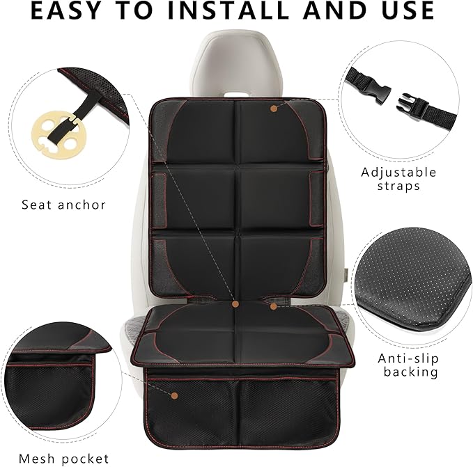 Car Seat Protector 2 Pack Baby Car Seat Covers with Mesh Pockets & Non-Slip Backing 600D Durable Seat Protector Under Baby Car Seat (Black & Red, Large)-CubbioJoy