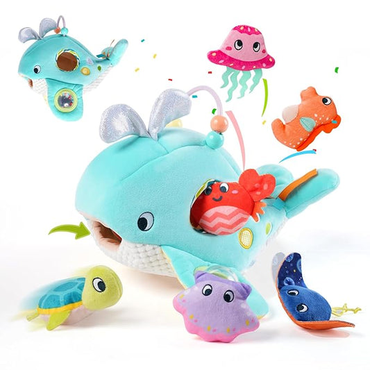Koty Baby Toys 6-12 Months, Montessori Sensory Toys,My First Ocean Whale House Toy with 6 Sea Animals | Bell Shell, Squeaky Seahorse & Crinkle Paper | Baby Gift-CubbioJoy