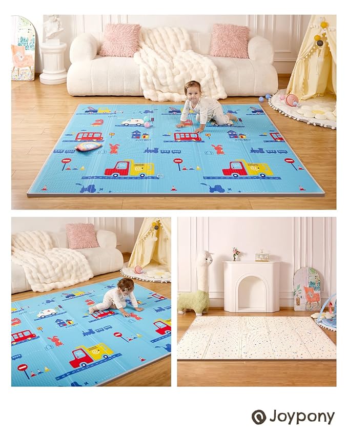 Baby Play Mat, 79" X 71" X 0.6" Extra Large & Thick Reversible Foldable Play Mats for Babies and Toddlers, Anti-Slip Portable Baby Floor Mat for Tummy Time, Baby Mat for Floor with Travel Bag-CubbioJoy