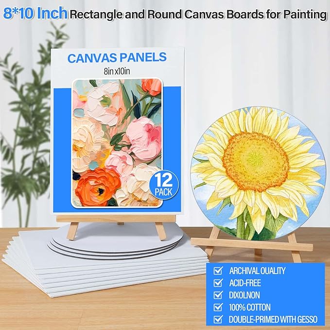 12 Pack 8x10” Canvas Boards and Round Canvas for Painting, Couple Painting Kit with Wood Easel, Acrylic Paint, Paint Brushes Set for Kids Teenagers Adults Date Night Sip and Paint Party-CubbioJoy