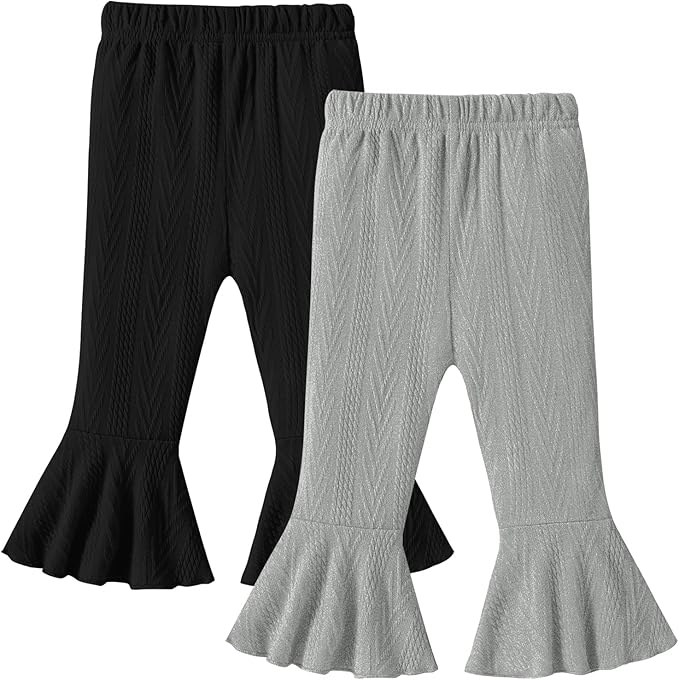 2 Pack Toddler Baby Girl Pants Flare Leggings Ribbed Knit Newborn Bell Bottoms Solid Ruffle Infant Pants for Girls-CubbioJoy