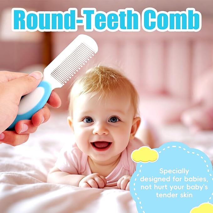 Baby Hair Brush and Comb Set, 4Pcs Baby Soft Bristles Hairbrush Cradle Cap Brush Hair Comb for Newborns Toddlers Boys Girls (Blue)-CubbioJoy