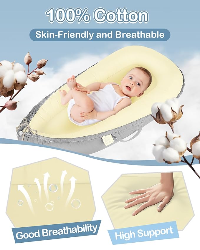 Baby Lounger - Infant Lounger for Newborn 0–26 Months, Waterproof Inner Cover and Pure Cotton Breathable Baby Nest Cover, Newborn Lounger for Baby Boys & Girls, Portable Lounger for Home and Travel-CubbioJoy