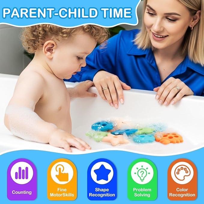 Baby Bath Toys, Mold Free Silcone Shape Sorting & Stacking Bath Toy Set with 10 Cute Floating Pieces, Color & Shape Sorter Toys for Toddler Early Learning Bathtub Fun-CubbioJoy