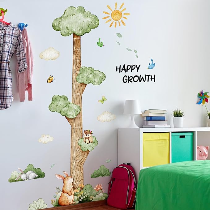 3D Cartoon Height Growth Chart for Kids Wall Stickers Removable DIY Jungle Animals and Plants Height Sticker Peel and Stick Sun White Clouds Wall Art Decor for Nursery Kids Bedroom Living Room-CubbioJoy
