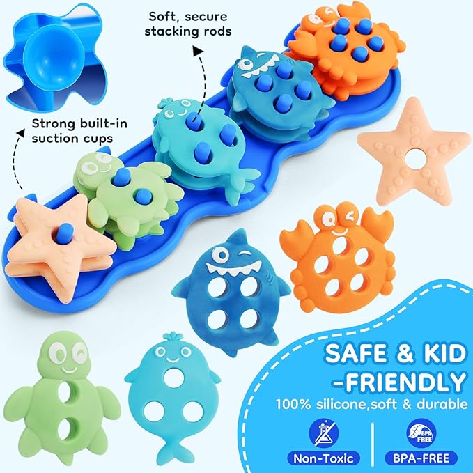 Baby Bath Toys, Mold Free Silcone Shape Sorting & Stacking Bath Toy Set with 10 Cute Floating Pieces, Color & Shape Sorter Toys for Toddler Early Learning Bathtub Fun-CubbioJoy