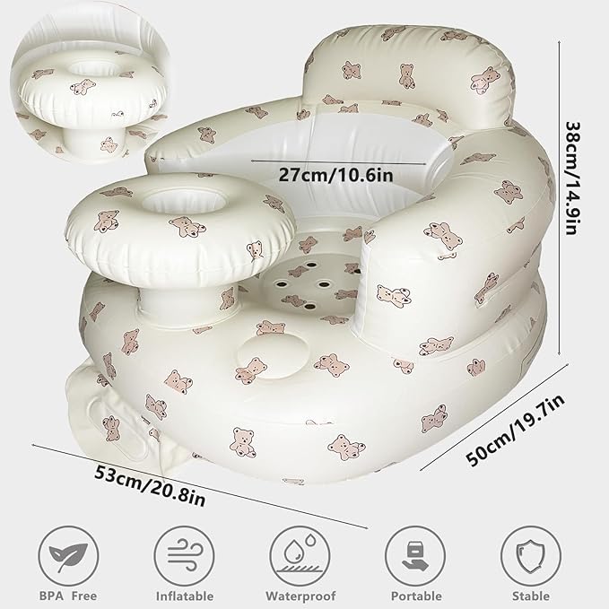 Baby Inflatable Seat for Babies 3-36 Months, Built in Air Pump, Bear Baby Support Seat Summer Toddler Chair for Sitting Up, Baby Shower Chair Floor Seater, Infant Back Support Sofa, Green-CubbioJoy
