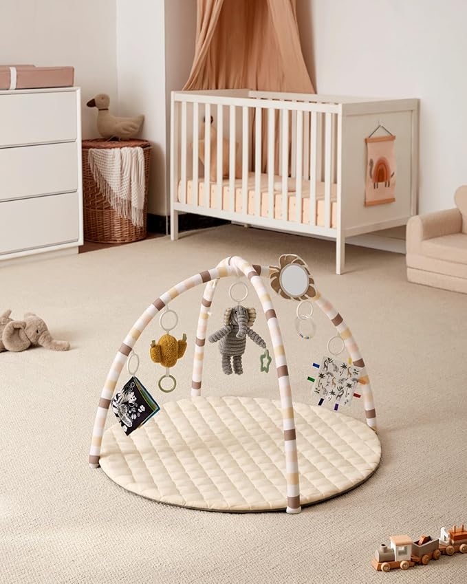 Blissful Diary Baby Play Gym Mat, Tummy Time Activity Mat with 6 Detachable Toys for Stage-Based Sensory & Motor Skill Development, Easy to Install & Clean, Baby Essentials Gift, Sandy Beige-CubbioJoy