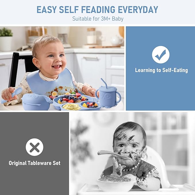 Baby Weaning Set, Silicone Baby Feeding Set(10 Pcs), Toddler Weaning Set with Adjustable Bib, Suction Bowl, Plate, Fork, Spoon, Water & Snack Cup Kit, Baby Led Weaning Kit for Babies and Kids-CubbioJoy