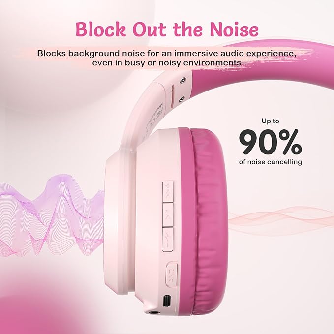Active Noise Cancelling Headphones for Kids, 60H Playtime, Wireless Bluetooth Over-Ear Blue Headset Built-in Microphone for Home/School/Travel/Party - Includes Portable Case (Pink)-CubbioJoy