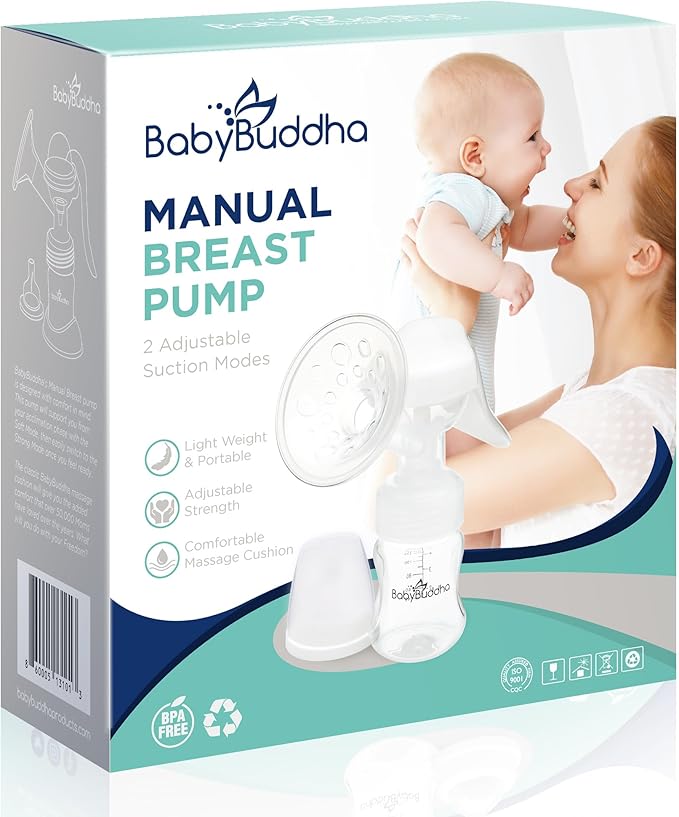 BabyBuddha Manual Breast Pump, Single Hand Expression Breastmilk Pump, Cordless and Portable, No Batteries or Power Needed, Soft Silicone Massage Cushion, BPA Free, Quiet, Dishwasher Safe, 1 Pack-CubbioJoy