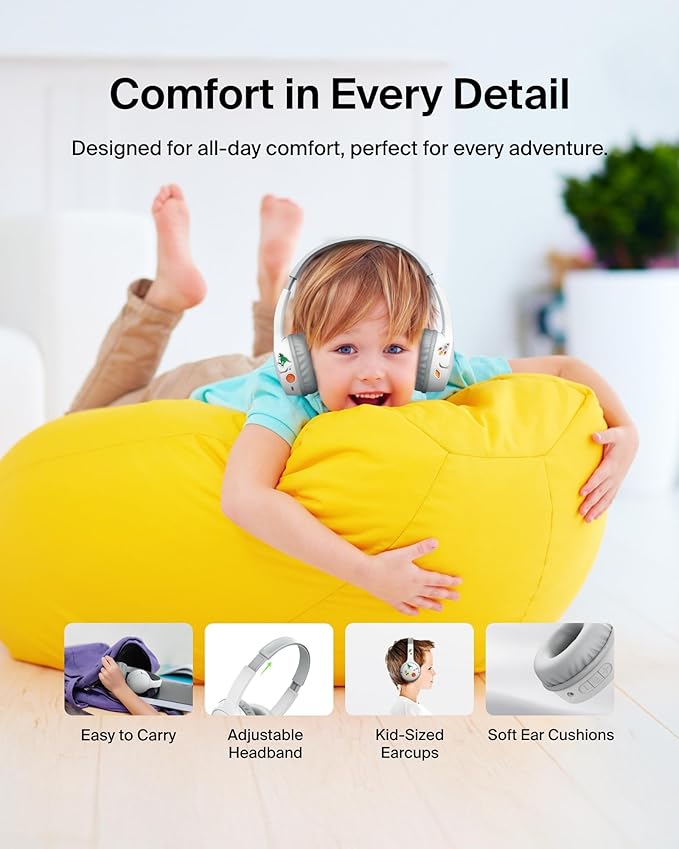 Belkin SoundForm Mini Kids Wireless Headphones w/Built-in Microphone, 30H of Playback Time, Fun Stickers, & Case - Over-Ear Headsets for Online Learning, School, iPhone, iPad, Galaxy, & More - White-CubbioJoy