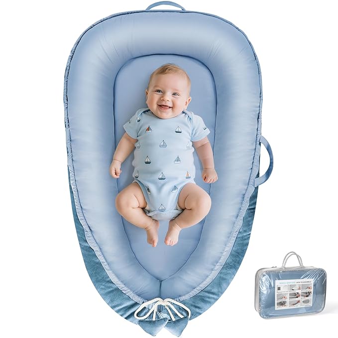 Baby Lounger - Baby Lounger for Newborn 0-24 Months, Breathable & Soft Cotton and Velvet Cover Baby Nest, Portable Tummy Time Lounger for Home and Travel, Ideal Baby Essentials & Shower Gifts-CubbioJoy