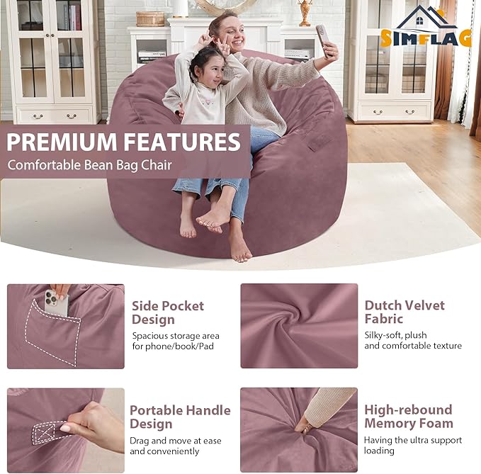 3FT Bean Bag Chair, Comfy Bean Bag Chairs with Memory Foam Filled, Fluffy Beanbag Sofa with Dutch Velvet Cover, Round BeanBag Chairs for Living Room, Playroom - Dusty Pink-CubbioJoy