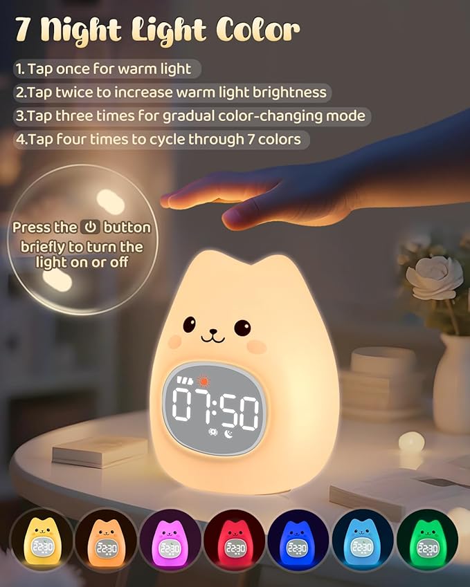 Cat Alarm Clock for Kids with Night Light, Sleep Training Clock Time to Wake Clock, Rechargeable Silicone Light for Bedroom, Perfect Sleep Companion for Boys Girls-CubbioJoy