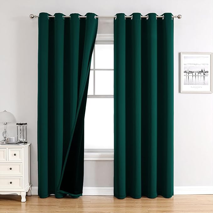 ChrisDowa 100% Blackout Curtains for Bedroom with Black Liner, 2 Thick Layers Total Blackout Thermal Insulated Grommet Long Window Curtains 2 Panels Set (Forest Green, 52 x 95 Inch)-CubbioJoy
