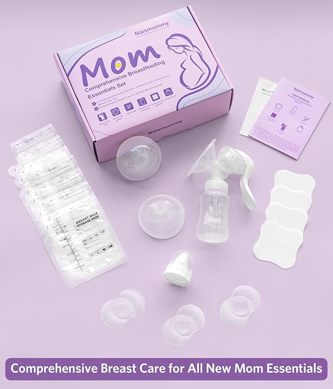 Breastfeeding Essentials Kit for Nursing Moms - Manual Breast Pump, Nipple Shields, Milk Collectors, Breastmilk Storage Bags, Soothing Gel Pads for Breastfeeding Newborn Relief for Sore Nipples 37 Pcs-CubbioJoy