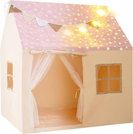 INFANS Kids Play Tent with Glow in The DarkWashable Mat Star Light Windows, Anti-Trip Large Playhouse Toys for Children Boys Girls, Indoor Outdoor Princess Tents Castle for Toddlers (Fluorescent Pink)-CubbioJoy