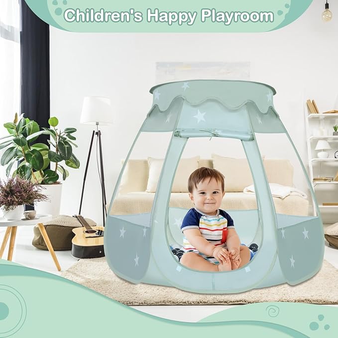 Baby Ball Pit for Toddler with 50 Balls, Kids Pop Up Play Tent for Girls, Princess Toys Gifts for Children Indoor & Outdoor Playhouse (Celadon: Gray/White/Babyblue, 109x90cm/50 Balls)-CubbioJoy