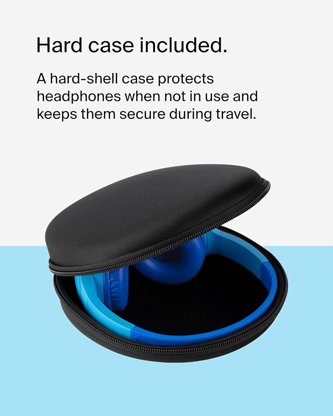 Belkin SoundForm Mini - Wireless Bluetooth Kids Headphones, 30H Battery, 85dB Safe Volume Limit, Built-in Microphone - Toddler On-Ear Earphones for iPhone, iPad - Ideal for School - Blue w/Case-CubbioJoy