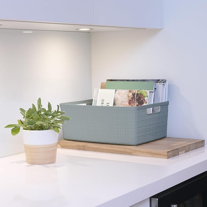 Curver Jute Decorative Plastic Organization and Storage Basket Perfect Bins for Home Office, Closet Shelves, Kitchen Pantry and All Bedroom Essentials, (Set of 6), Grey, Medium-CubbioJoy