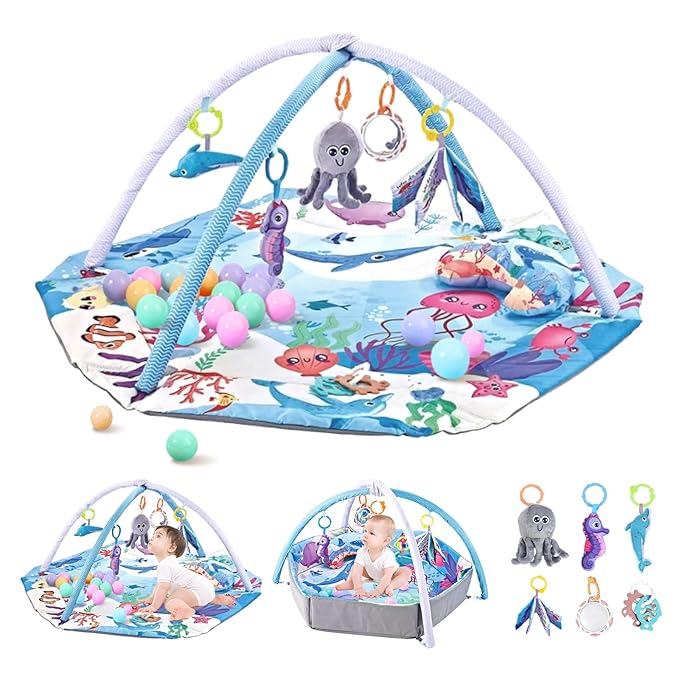 Baby Play Gym Mat,10-in-1 Tummy Time Mat,Sea World Baby Play Mat Activity Gym,Washable Foldable Baby Floor Play Mat for Infants and Toddlers from 0-6-12 Months Newborn Sensory Motor Skill Development-CubbioJoy