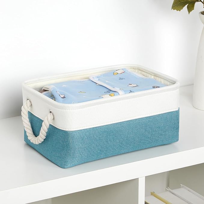 Bidtakay Small Storage Baskets for Shelves 3 Pack Fabric Storage Bins for Organizing Linen Collapsible Organizer for Closet-White&Teal-CubbioJoy