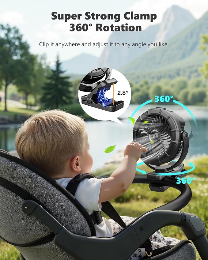 Ausic 3-in-1 Portable Clip on Fan with Misting & LED Lights & Hook, 100ML Baby Stroller Fan, 5200mAh Rechargeable Battery Operated & 360° Rotation & 3 Speeds for Table Outdoor Travel Camp Golf Cart-CubbioJoy