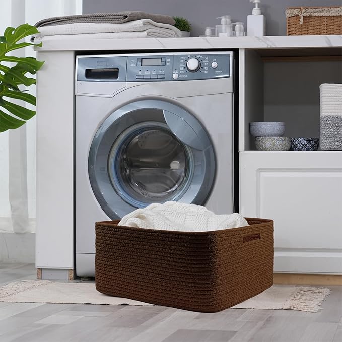 COMFY-HOMI Cotton Rope Woven Basket with Handles for Shelves,Toys,Book, Cloth Storage Baskets for Organizing-17" x 13" x 7.5" Toy Decorative Organizer for Living Room, Bathroom （dark brown）-CubbioJoy