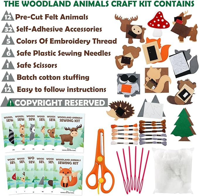 CiyvoLyeen Woodland Animals Craft Kit Kids DIY Crafting and Sewing Set Woodland Animals Felt Plushie for Girls and Boys Educational Beginners Sewing Set Sewing Kits for Kids Age 8 9 10 11 12-CubbioJoy