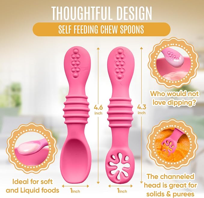 4pc Silicone Baby Spoons Self Feeding Baby Utensils 6-12 Months - 3 Baby Spoon - 1 Baby Fork - Toddler Cutlery Set - BPA Free, Dishwasher Safe - Baby Eating Essentials (Pink/Blue)-CubbioJoy