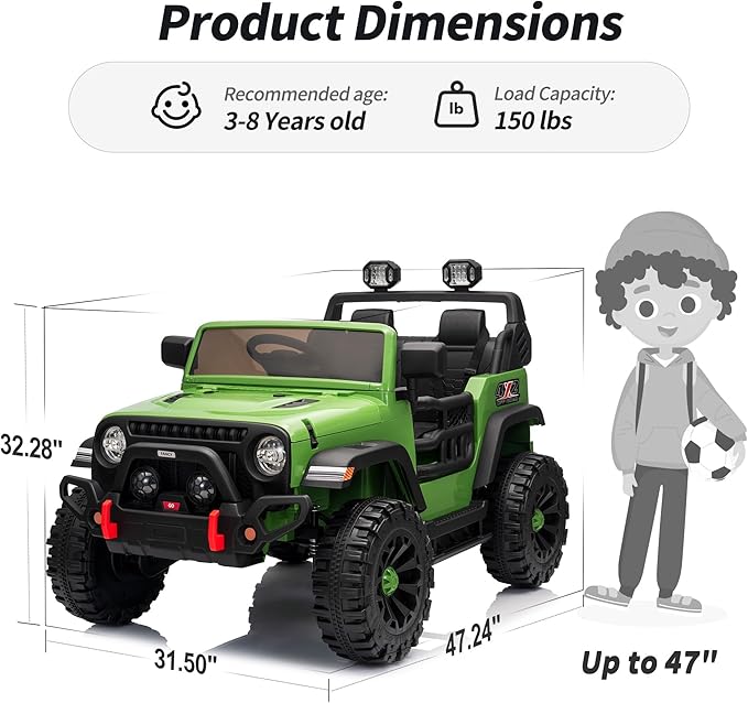 2 Seater Ride on Car Truck, 12V Kids Electric Ride on Toy for Big Kids Age 3-8 w/Remote Control- Army Green-CubbioJoy