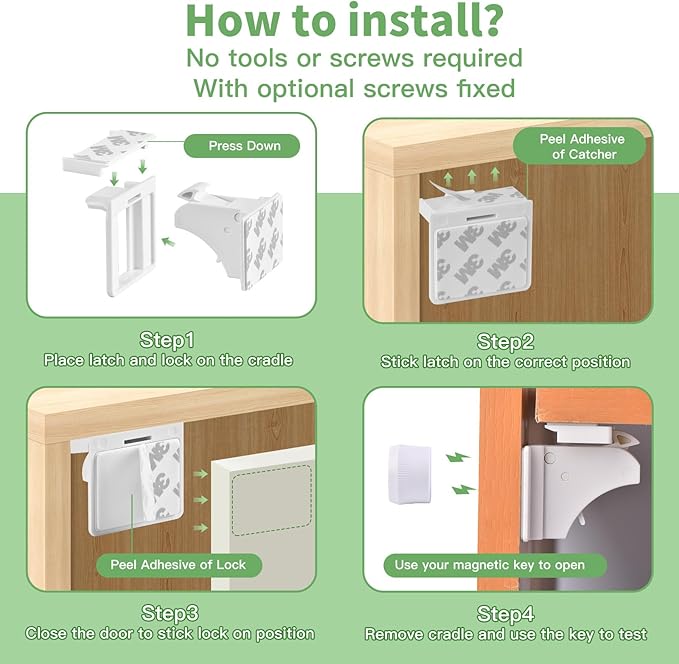 6 Pack Vkania Magnetic Cabinet Locks Baby Proofing - Baby Safety Latches for Drawers and Cabinets - Hidden Adhesive Magnet Baby Locks - Easy Installation No Drilling-CubbioJoy