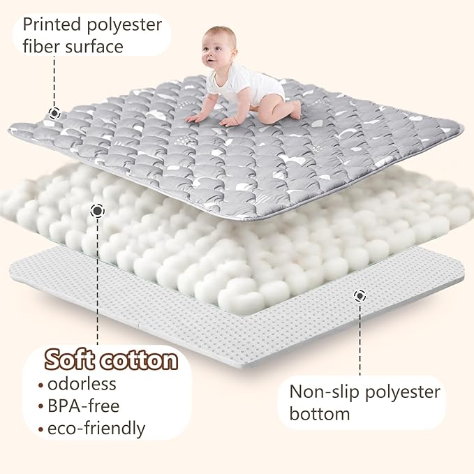 Baby Play Mat, 50x50 Playpen Mat with Super Soft Touch, Activity Mat with Upgraded Anti-Slip Bottom, Machine Washable Crawling Mat for Floor & Picnic (Boho Gray)-CubbioJoy