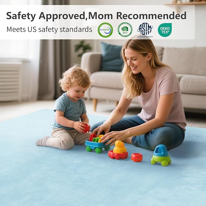 Baby Play Mat for Floor,1.3" Thick Elasti-Foam 50"×74" Playpen Mat for Tummy Time,Water Repellent Soft Coral Velvet for Toddler,Infant,Kids,Non-Slip Backing Safe for Crawling(Light Blue)-CubbioJoy