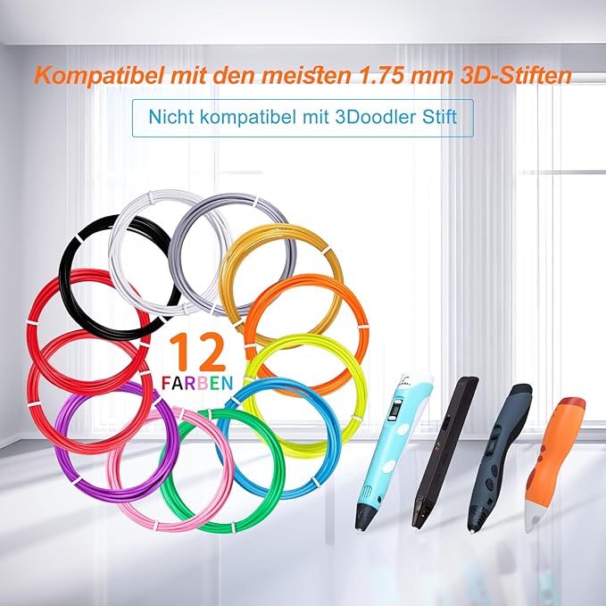 3D Pen Filament Refills 12 Colors Compatible with SCRIB3D MYNT3D PIKA3D 3D Pen for Kids Each Color 10Feet 1.75mm PLA 3D Printing Pen Filament Refills, NOT FIT 3Doodler Start Pen-CubbioJoy