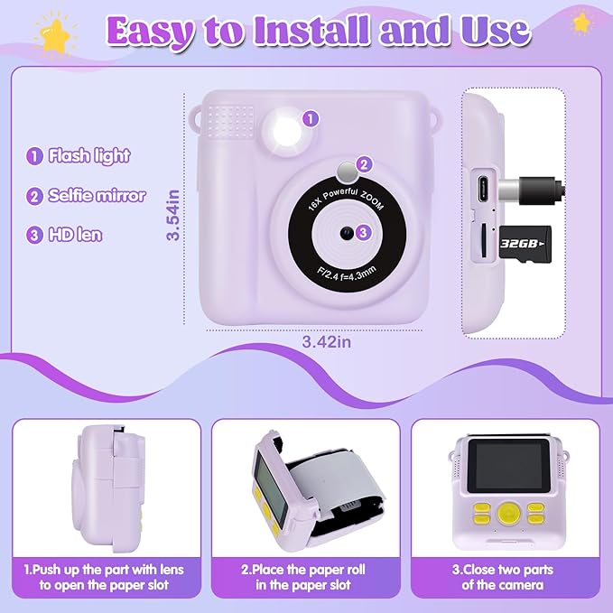 Instant Print Camera for Kids - 2.4 Inch Kids Camera Instant Print with Paper & 32G Card- Digital Children Toys as Christams Birthday Gifts for Girls Boys Age 3-12 - Purple-CubbioJoy