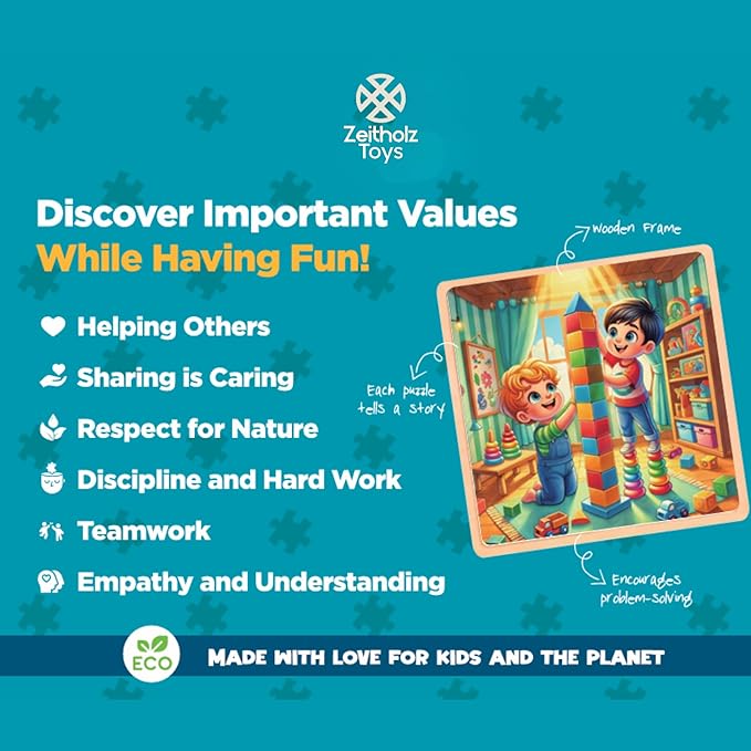 6 Educational Wooden Puzzles & Storybook, Teaches Kindness, Empathy & More – 6 in 1 Jigsaw Puzzle for Kids Ages 3-7 – Learn Real Values Through Stories – Montessori Puzzle Set 25 Pieces-CubbioJoy