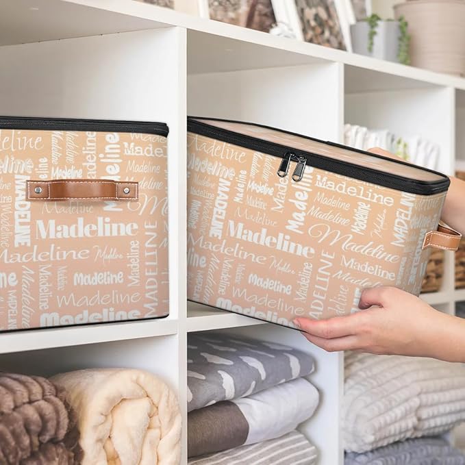 Custom Storage Basket with Name, Personalized Storage Bins with Zipper Lid, Foldable Fabric Storage Box Large capacity with Handle Apricot-CubbioJoy