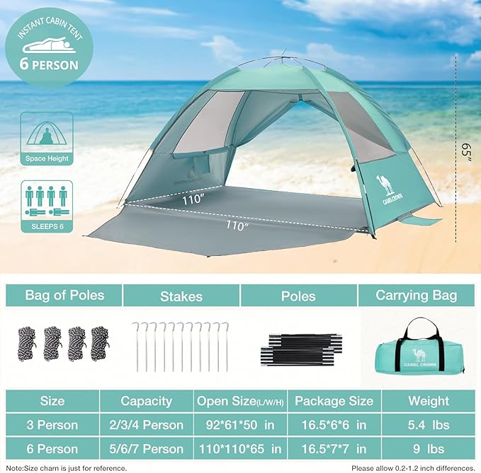 CAMEL CROWN Beach Tent UPF 50+ Sun Shelter for 2/3/5/6 Person, Lightweight Portable Sun Shade with Sand Anchor, Family Beach Day & Outdoor Adventures-CubbioJoy