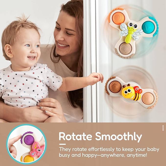ALASOU 3PCS Pop Suction Cup Spinner Toys for 1 Year Old Boy Girl|Novelty Spinning Tops Toddler Toys Age 1-2|Sensory Baby Bath Toy for Toddlers 1-3|12 18 Months Boy Birthday Gift for Infant-CubbioJoy