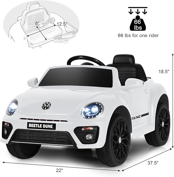 Costzon Ride on Car, 12V Licensed Volkswagen Beetle Battery Powered Vehicle w/Remote Control, Spring Suspension, Lights, USB, Horn, Music, 4 Wheeler for Boy Girl Gift, Electric Car for Kids, White-CubbioJoy