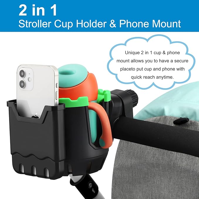 Accmor Stroller Cup Holder with Phone Holder, Universal Cup Holder, Bike Cup Holder, 360° Rotatable Large Caliber Drinks Holder for Stroller, Bike, Wheelchair, Walker-CubbioJoy