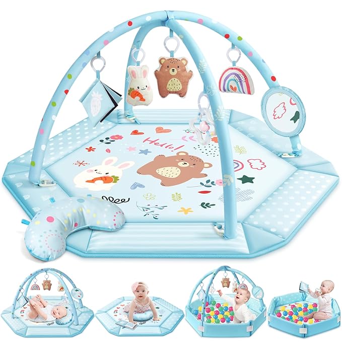 Baby Gym Play Mat, 8-in-1 Tummy Time Mat & Ball Pit with 6 Toys, Washable Baby Activity Mat for Visual, Hearing, Sensory, Motor Development, Baby Gift for Newborn Infant 0-3-6-9-12 Months (Blue)-CubbioJoy