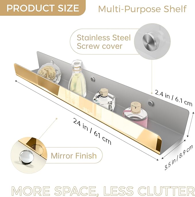 2 Pack 24 Inch Gold Reflective Acrylic Shelves, Gold Foating Shelves, Modern Sunglasses Essential Oil Picture Ledge Display Toy Storage Shelf-CubbioJoy