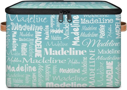 Custom Storage Basket with Name, Personalized Storage Bins with Zipper Lid, Foldable Fabric Storage Box Large capacity with Handle Grey Blue Green-CubbioJoy
