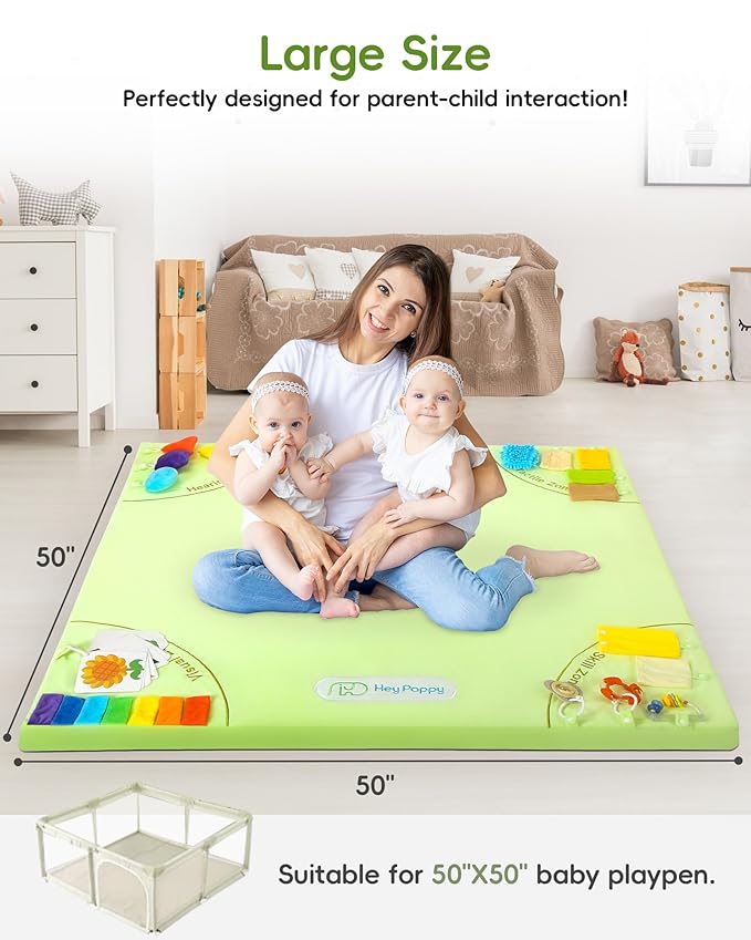 Baby Play Mat, 50''x50'' Playpen Mats with 4 Sensory Development Zones for Motor Skills, Unique Crawling Mats with Non-Slip Cushioned That Fits Nicely into Any Playroom, Green-CubbioJoy