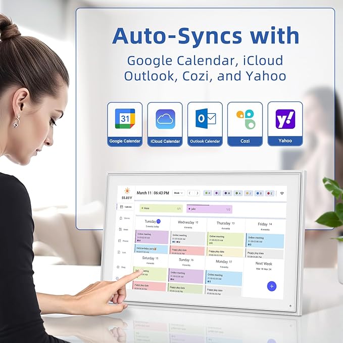 21.5 Inch Digital Calendar, Electronic Chore Chart, Smart Weekly and Monthly Planner 1920 * 1080P IPS Touchscreen Wall and Desk Calendar for Family Schedules, White-CubbioJoy